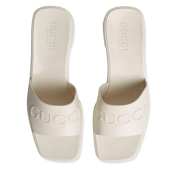 Gucci Embossed Logo Slip On Open Toe Block Heel Mules Sandals White 40 / 9.5 - Picture 1 of 6